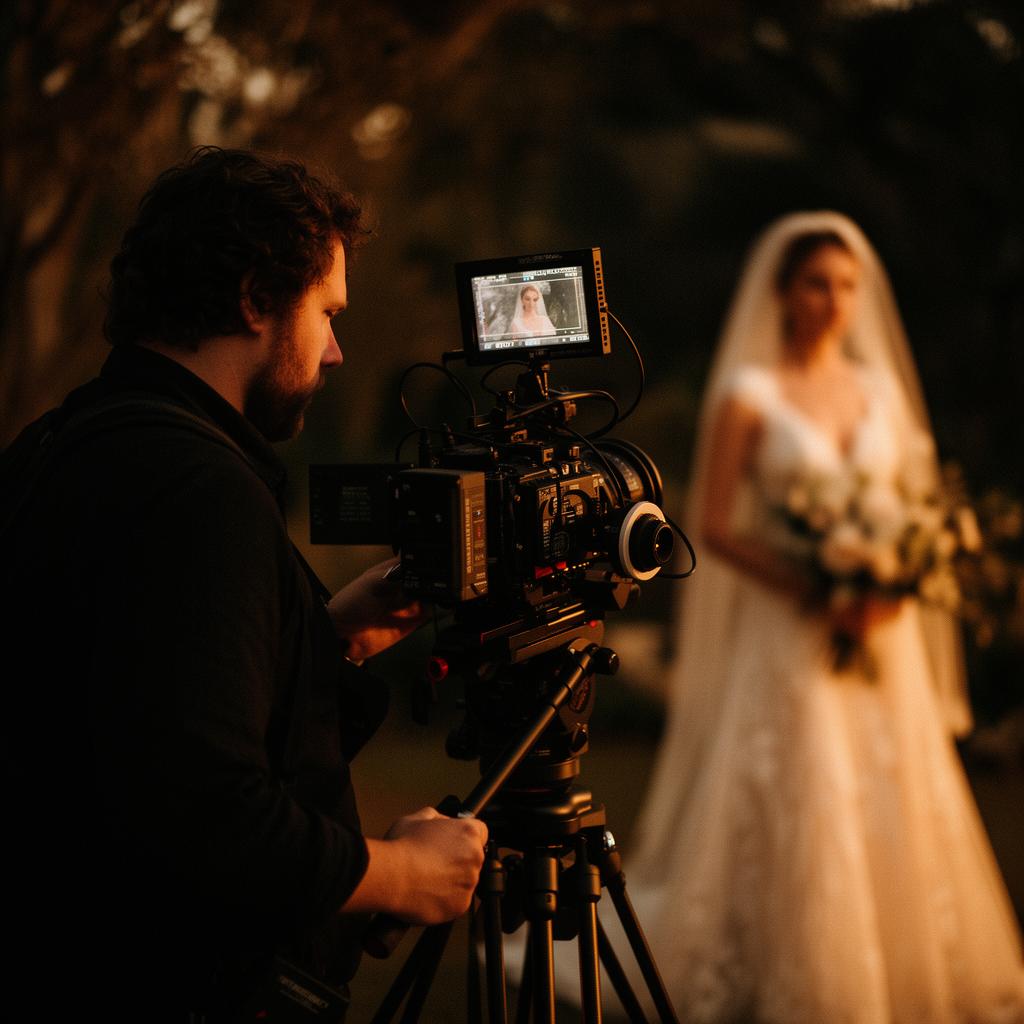 Cinematographer filming a bride at golden hour