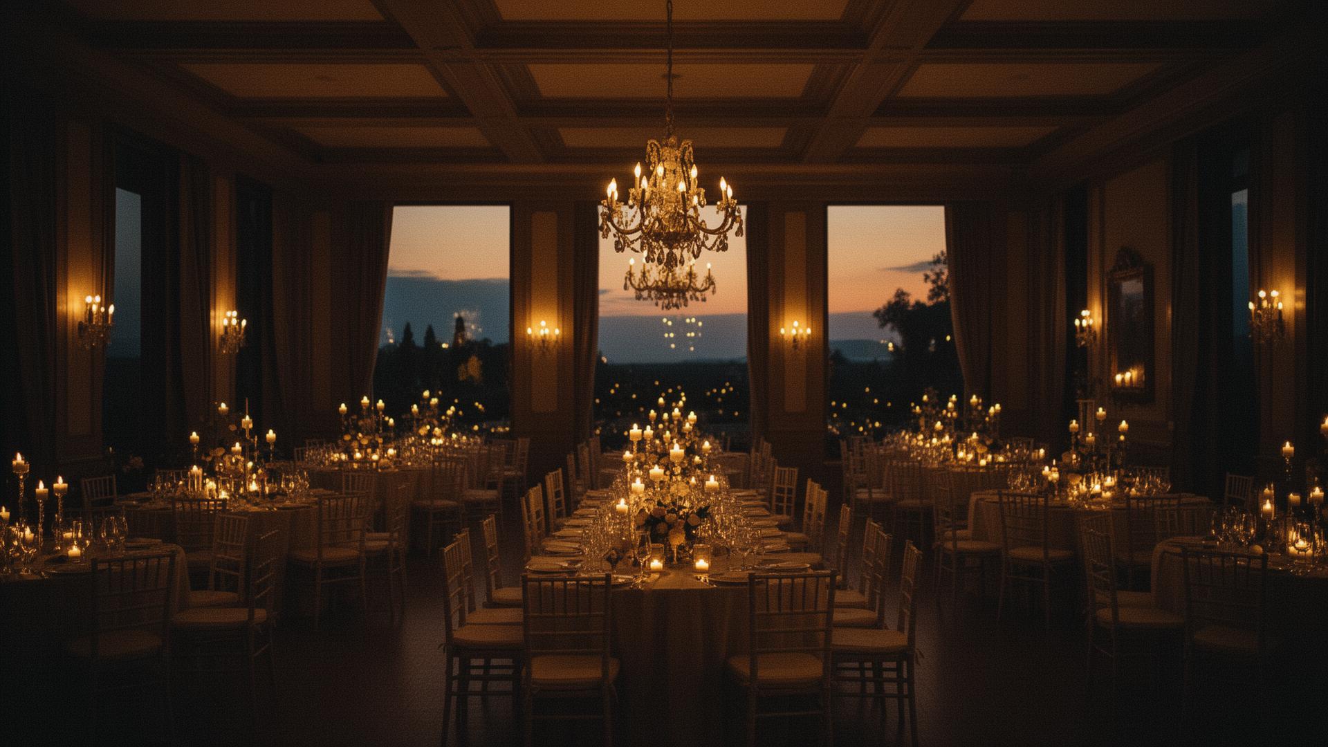 Cinematic candle-lit wedding reception at dusk