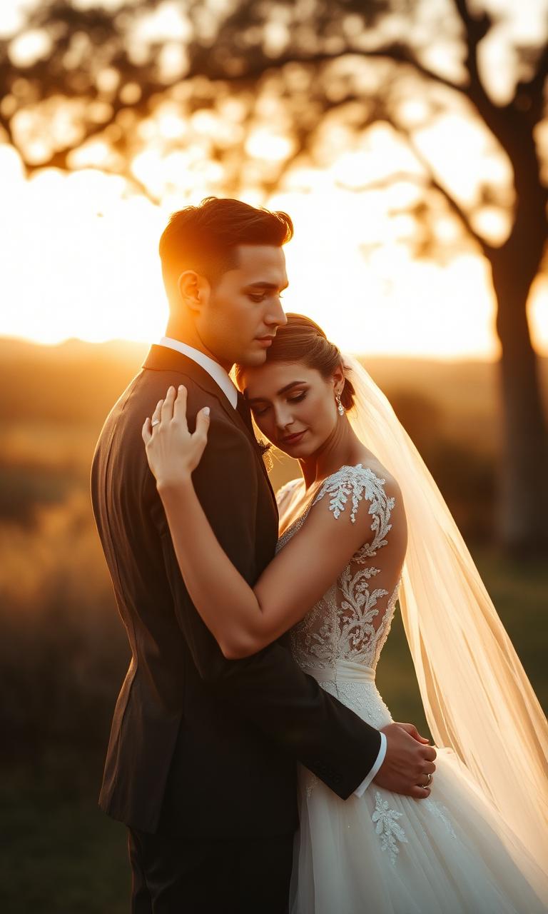 Bride and groom embracing at golden hour — cinematic wedding film still